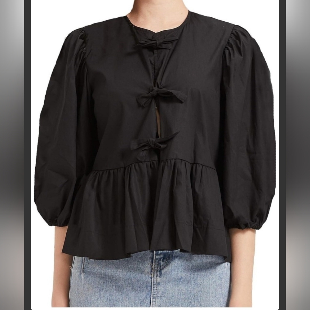 Elegant Black Y2K Peplum Babydoll Tie Front 3/4 Puff Sleeve Women's Top Sz Med
